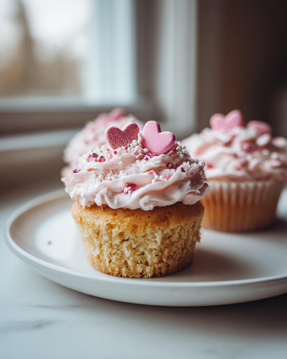 Cupcakes de san valentín con glaseado rosa y decoraciones de corazones en un plato blanco
