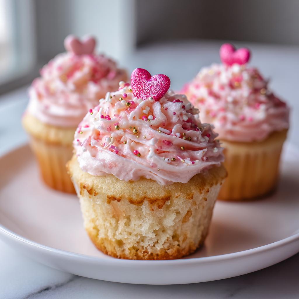 Cupcakes de san valentín con glaseado rosa y decoraciones de corazones y confites de colores
