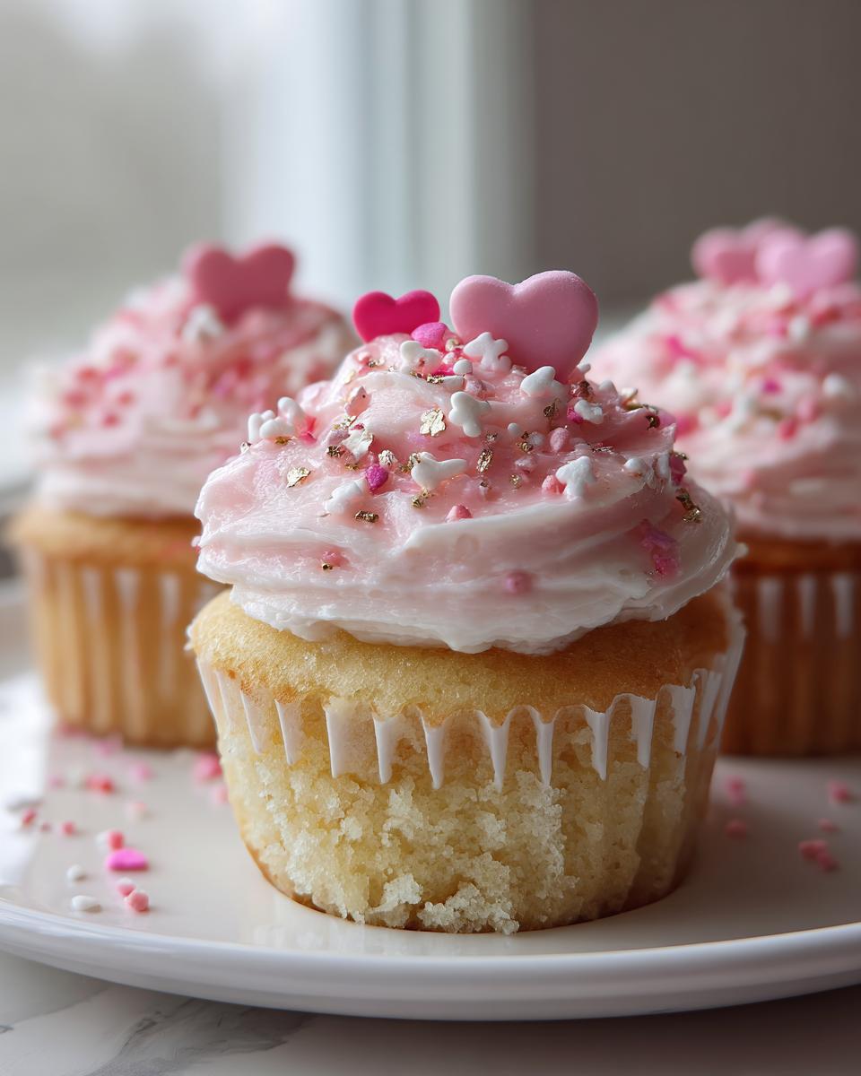 Cupcakes de san valentín con glaseado rosa y decoraciones de corazón y confites sobre plato blanco.