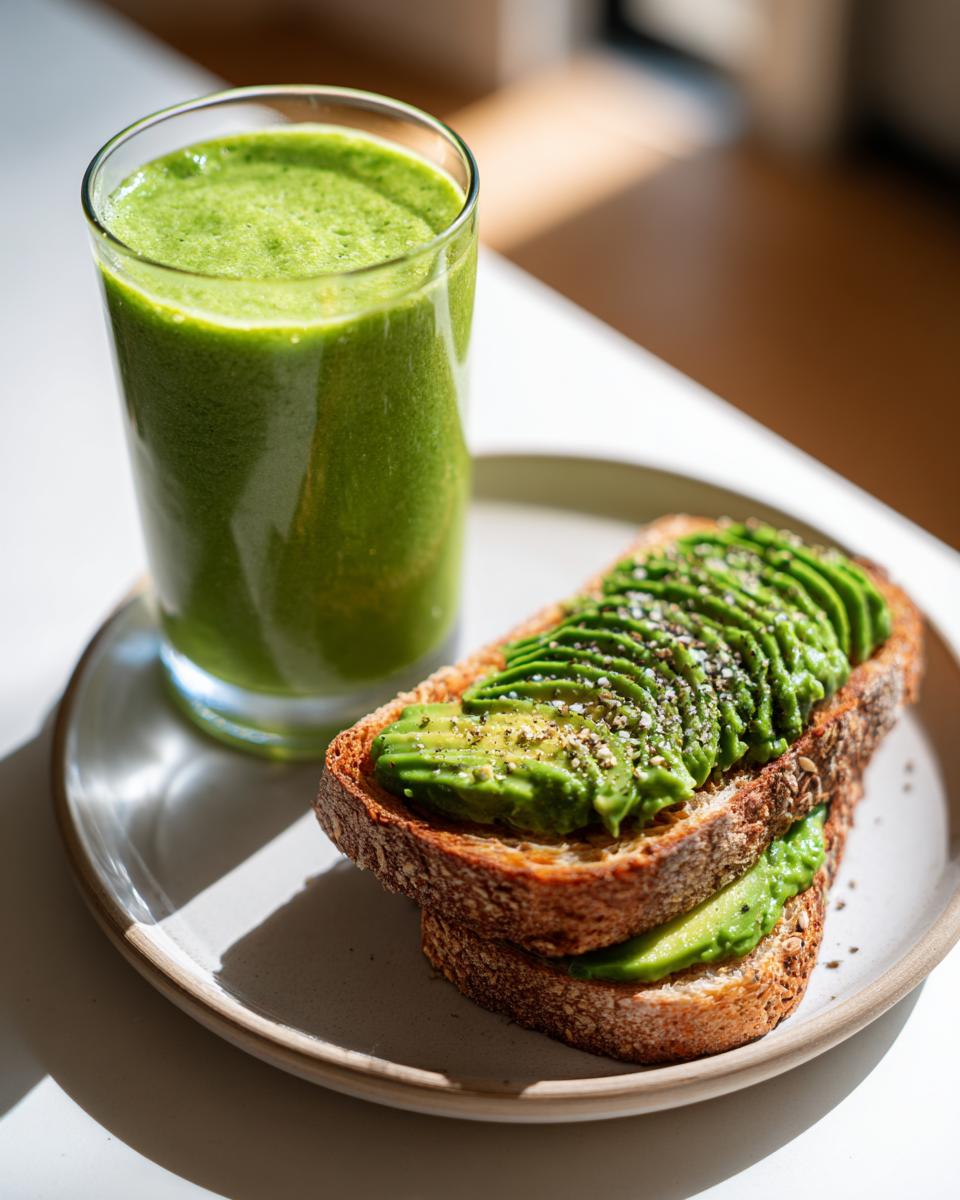 Tostada de pan integral con aguacate en rodajas y batido verde fresco en vaso.