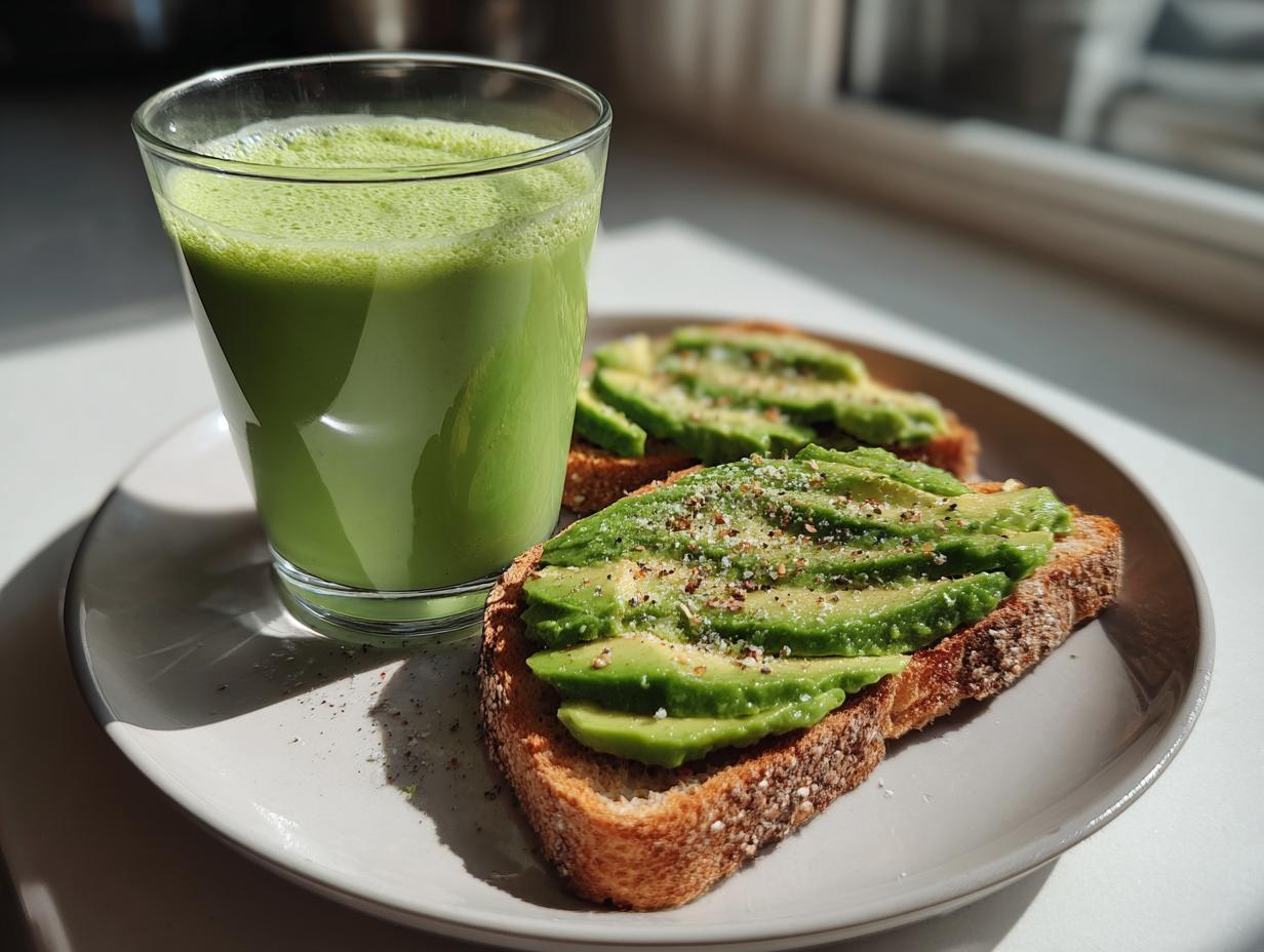 Tostadas con aguacate y batido verde servidos juntos en plato blanco para desayunos saludables y rápidos