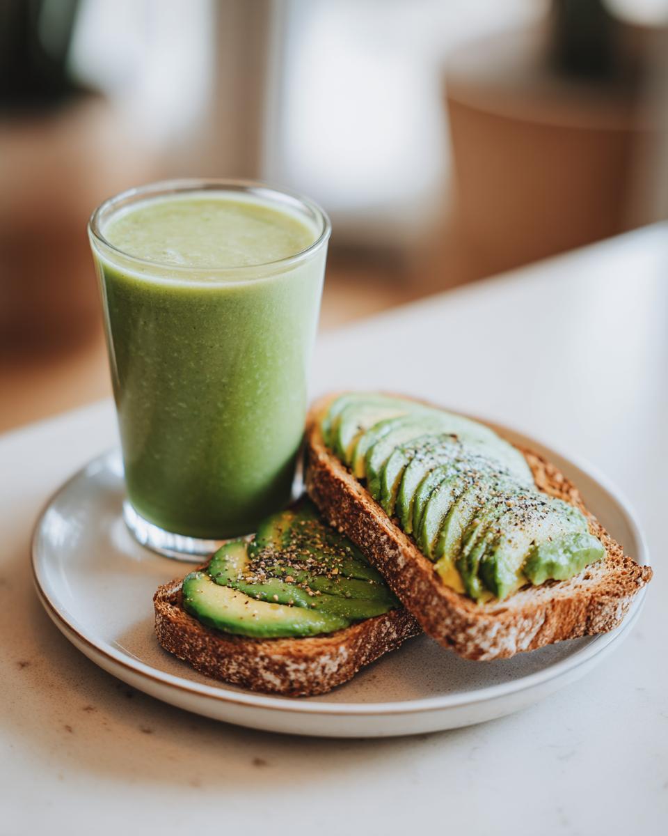 Tostadas integrales con aguacate y un vaso de licuado verde para desayunos saludables y rápidos