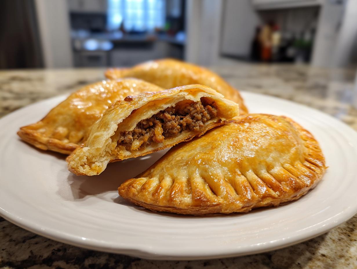 Empanadillas al horno fáciles con relleno de carne picada en plato blanco sobre mesa