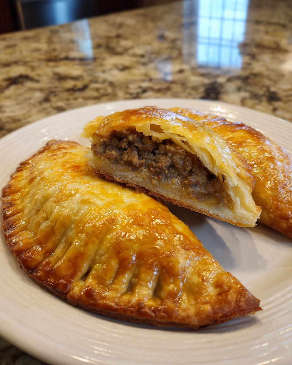 Empanadillas al horno fáciles doradas rellenas de carne en un plato blanco