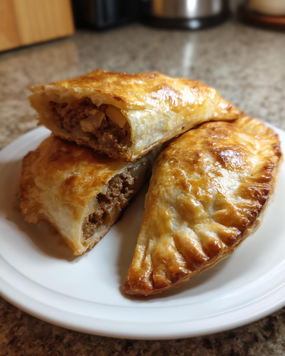 Empanadillas al horno fáciles doradas con relleno de carne en un plato blanco