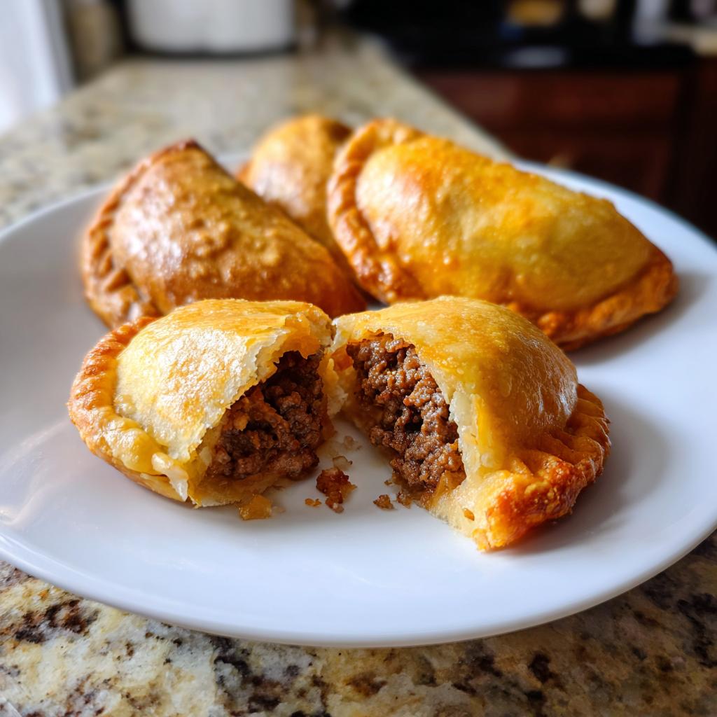 Empanadillas al horno fáciles recién horneadas con relleno de carne en un plato blanco.
