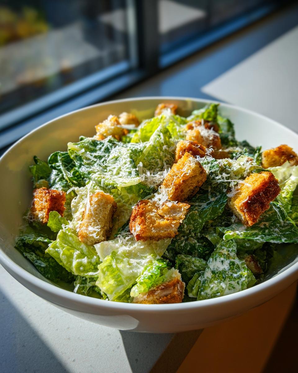 Ensalada César con lechuga fresca, crutones y queso rallado en un bol blanco