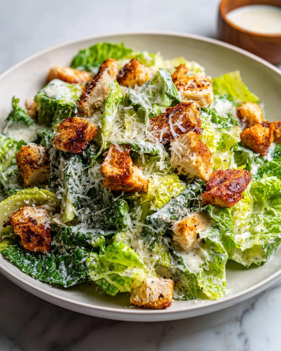 Plato de ensalada César con lechuga fresca, crotones dorados y aderezo cremoso