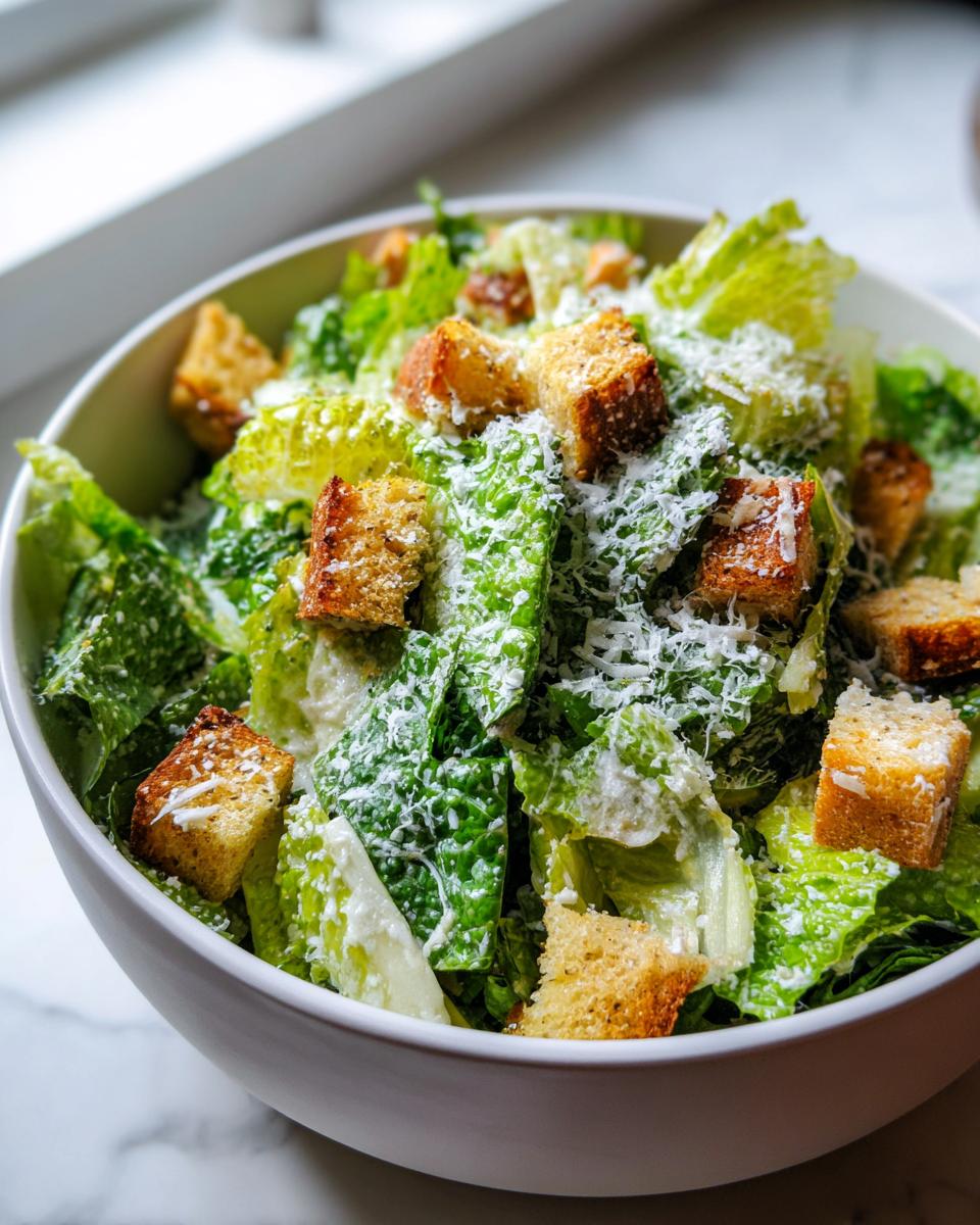 Ensalada César con lechuga fresca, crutones dorados y queso rallado en un bol blanco