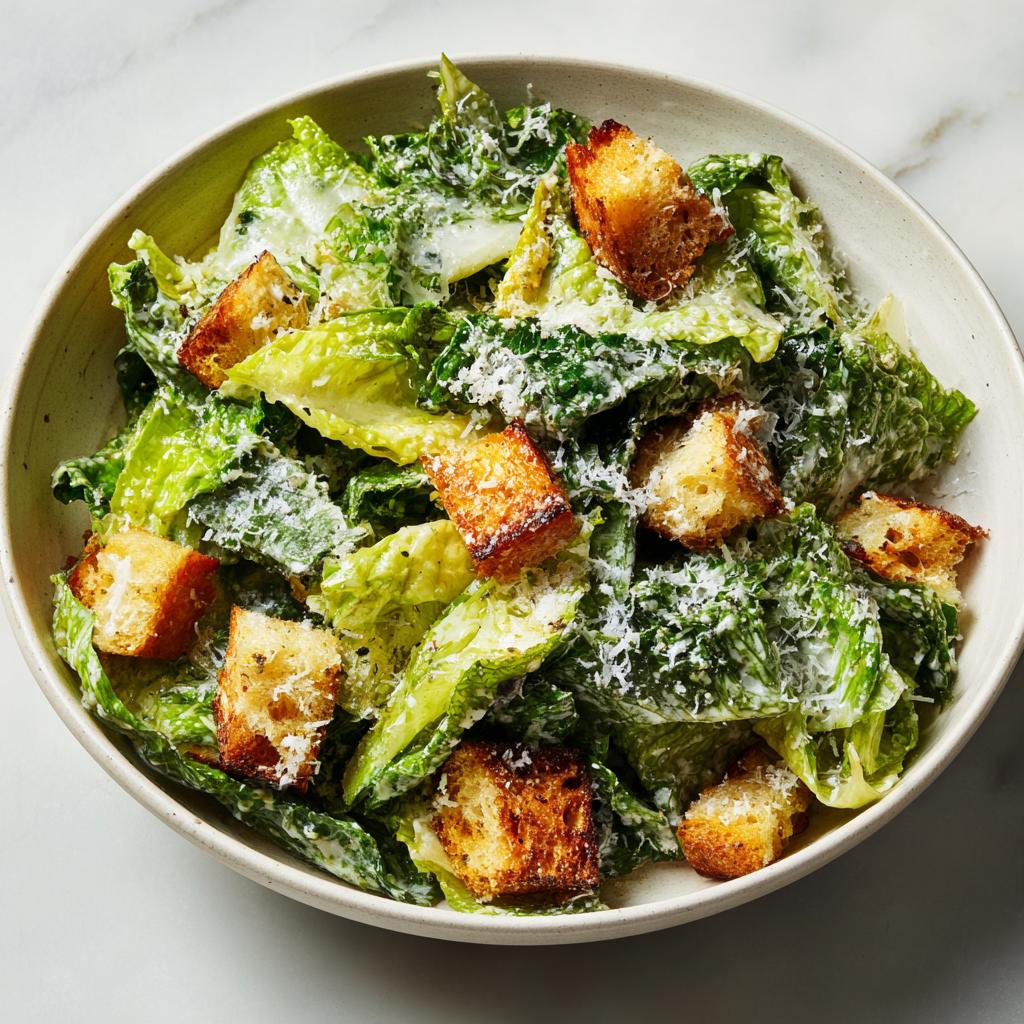 Ensalada César con lechuga, crutones dorados y queso rallado recetas sin horno fáciles