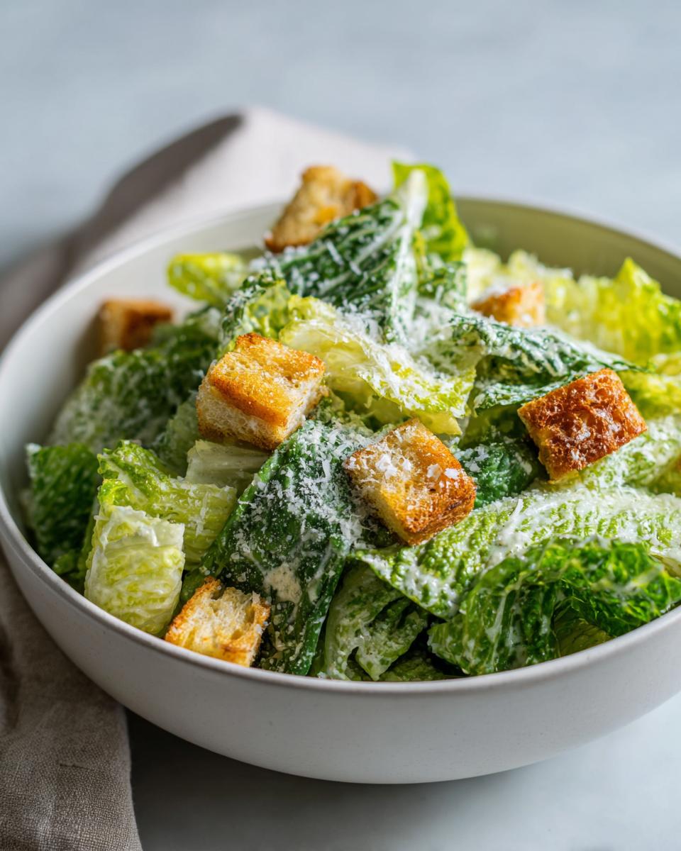 Ensalada César con lechuga, crutones y queso rallado en un bol blanco recetas sin horno fáciles