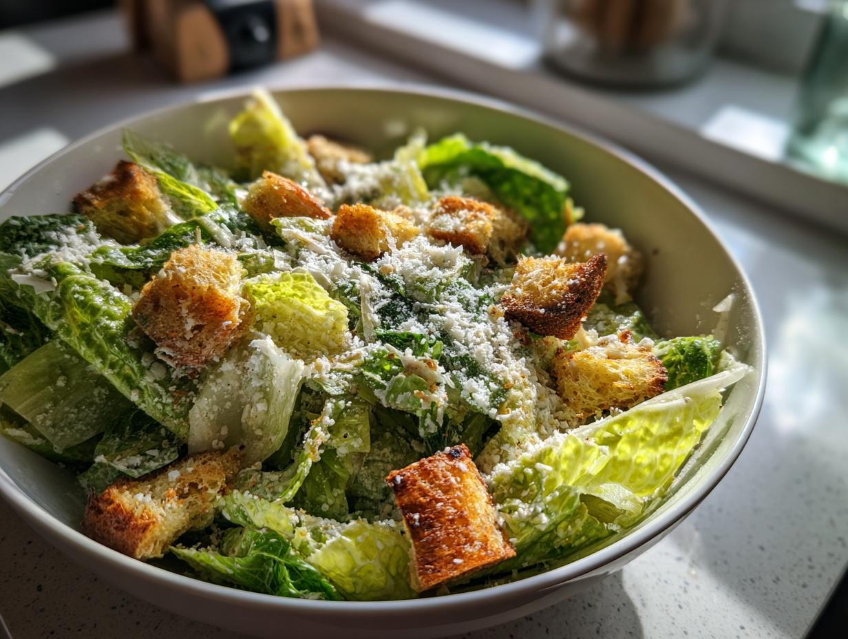 Plato de ensalada César con lechuga fresca, crutones dorados y queso rallado.
