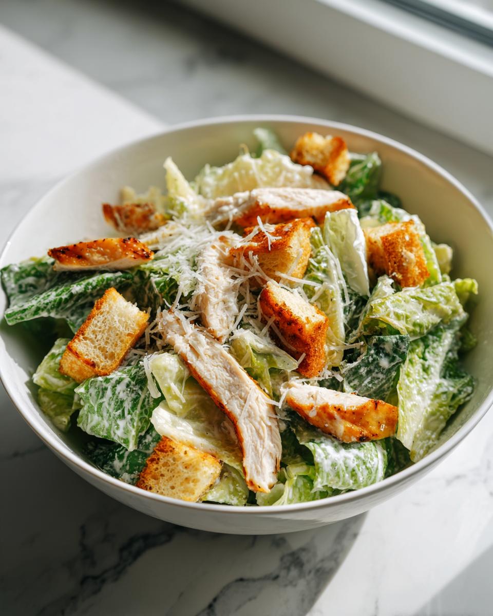 Ensalada César con pollo, lechuga, crutones y queso rallado en un bol blanco