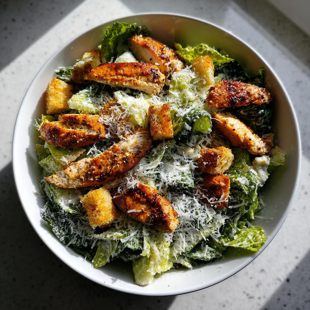 Ensalada César con pollo asado, lechuga, queso rallado y crutones en un bol blanco