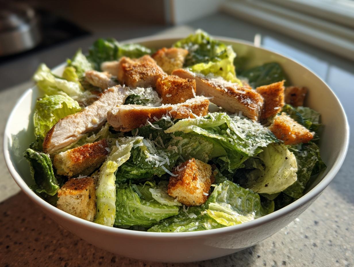 Ensalada César fresca con pollo a la parrilla, crutones y queso rallado en un bowl blanco.
