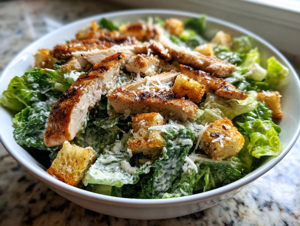 Tazón de ensalada César con pollo a la parrilla, crutones y aderezo cremoso sobre lechuga fresca