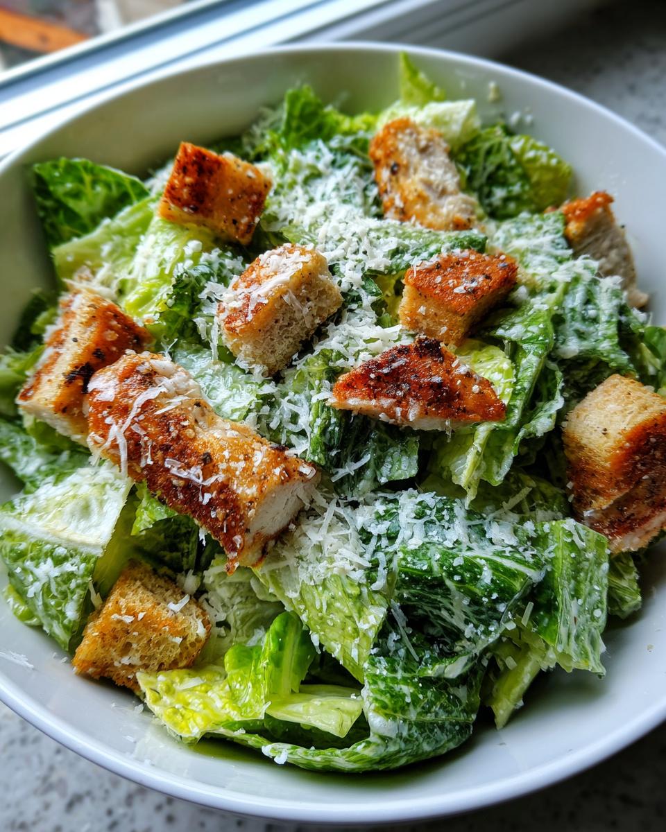 Ensalada César con pollo a la parrilla, crutones y queso rallado en un bol blanco.