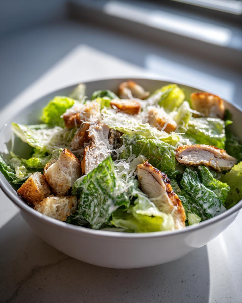 Ensalada César con lechuga, pollo a la parrilla, queso rallado y crutones en un tazón blanco.