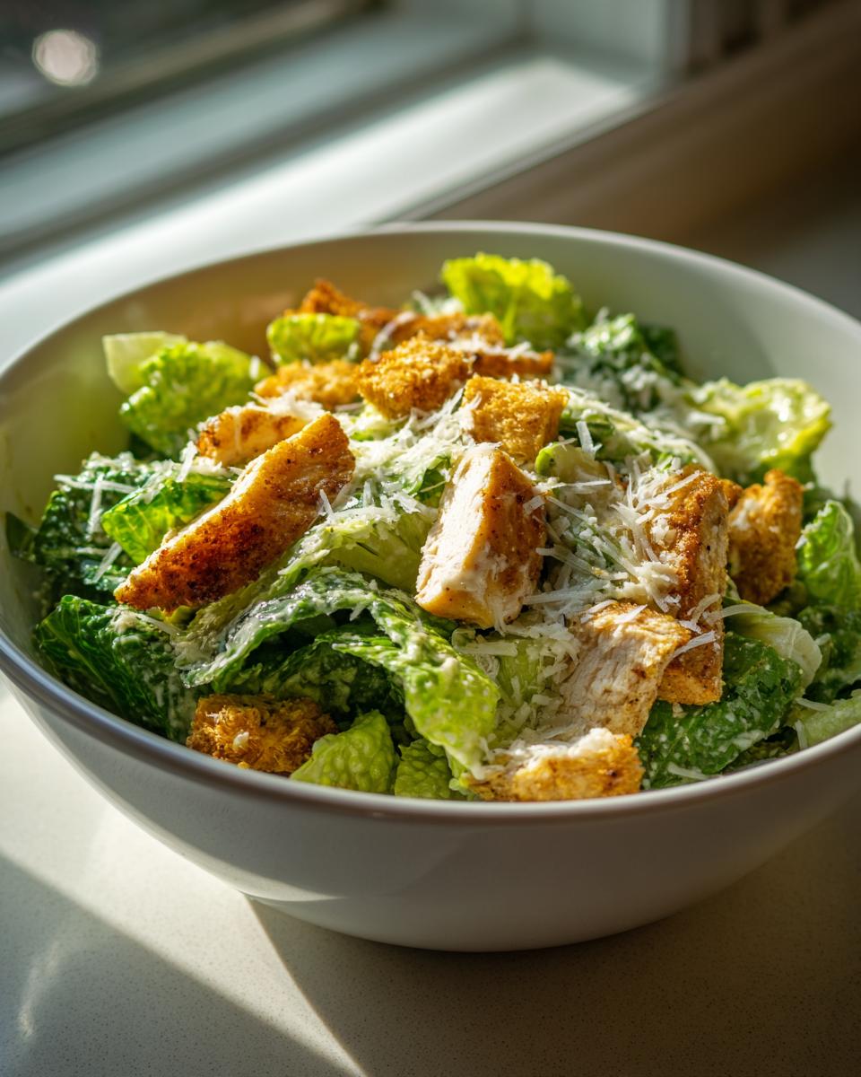 Ensalada César con pollo a la parrilla, lechuga y queso rallado en un tazón blanco
