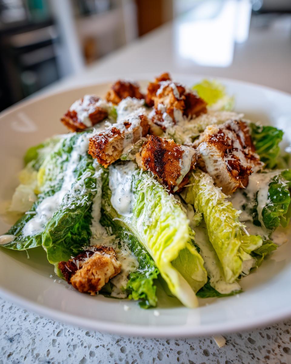 Ensalada César con pollo crujiente, aderezo cremoso y queso rallado en plato blanco.