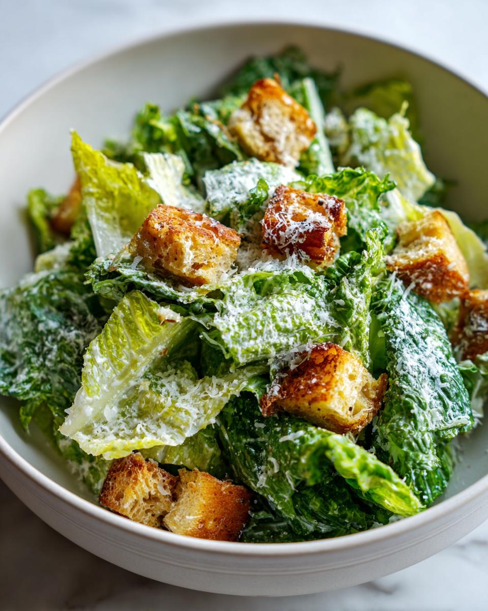 Ensalada César con lechuga fresca, crutones dorados y queso rallado en un bol blanco