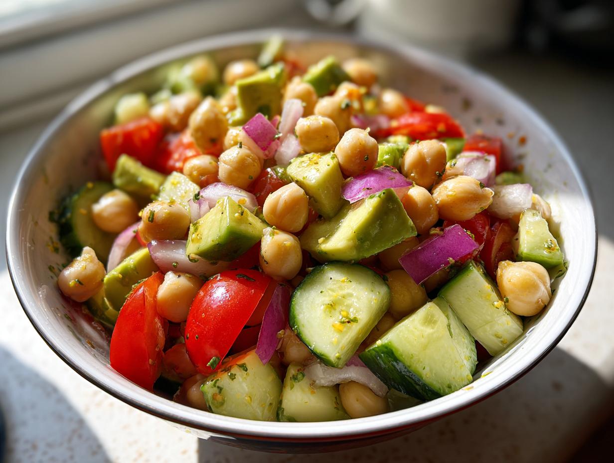 Ensalada colorida con garbanzos, tomate, pepino, aguacate y cebolla morada, recetas veganas fáciles