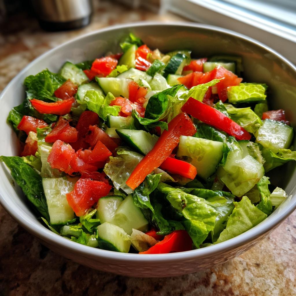 Ensalada colorida con lechuga, tomate, pepino y pimiento rojo en bowl blanco