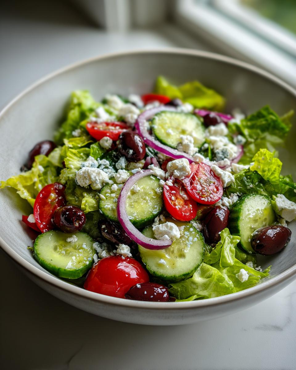 Ensalada fresca con pepino, tomate cherry, cebolla roja, aceitunas y queso feta en un bol.