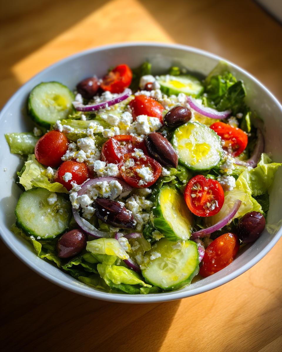 Ensalada mediterránea casera con pepino, tomate cherry, aceitunas y queso en un bol blanco.