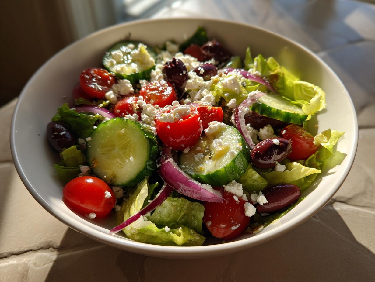 Ensalada mediterránea con tomates cherry, pepino, aceitunas y queso feta en un bowl blanco