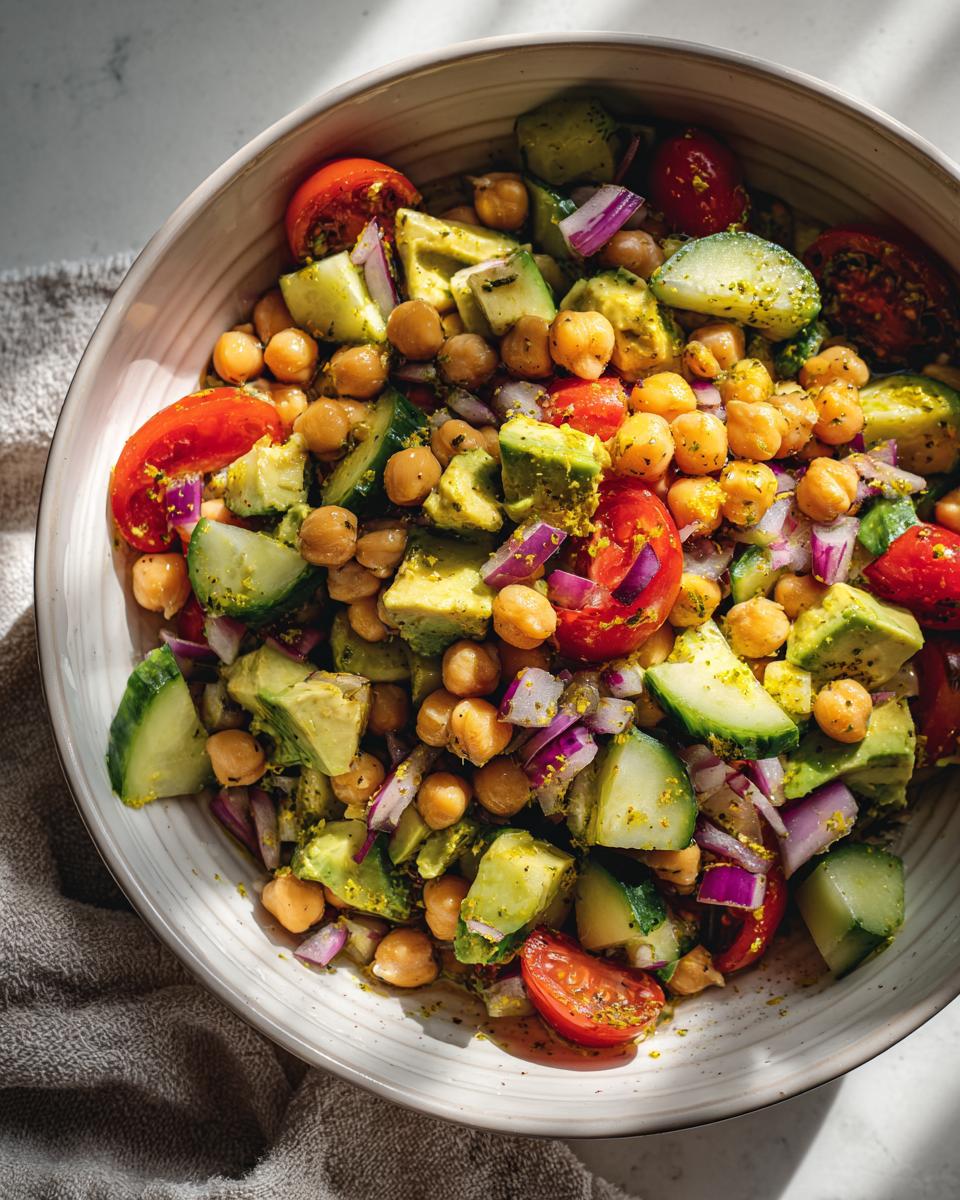 Ensalada colorida con garbanzos, aguacate, tomate cherry y pepino en un bol blanco