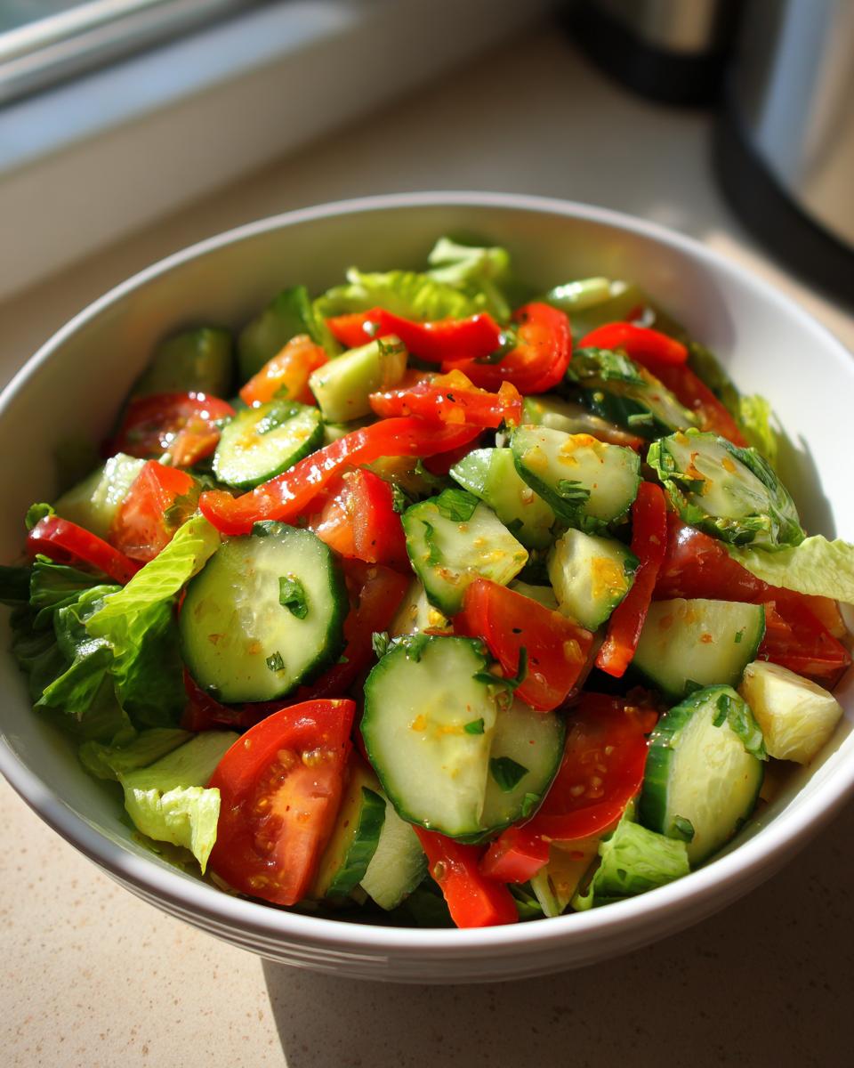 Tazón con ensalada fresca de verduras con pepino, tomate, lechuga y pimiento rojo.