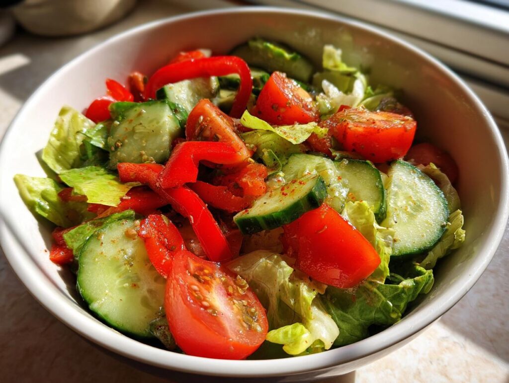 Ensalada fresca con tomates, pepino, pimiento rojo y lechuga en un tazón blanco.