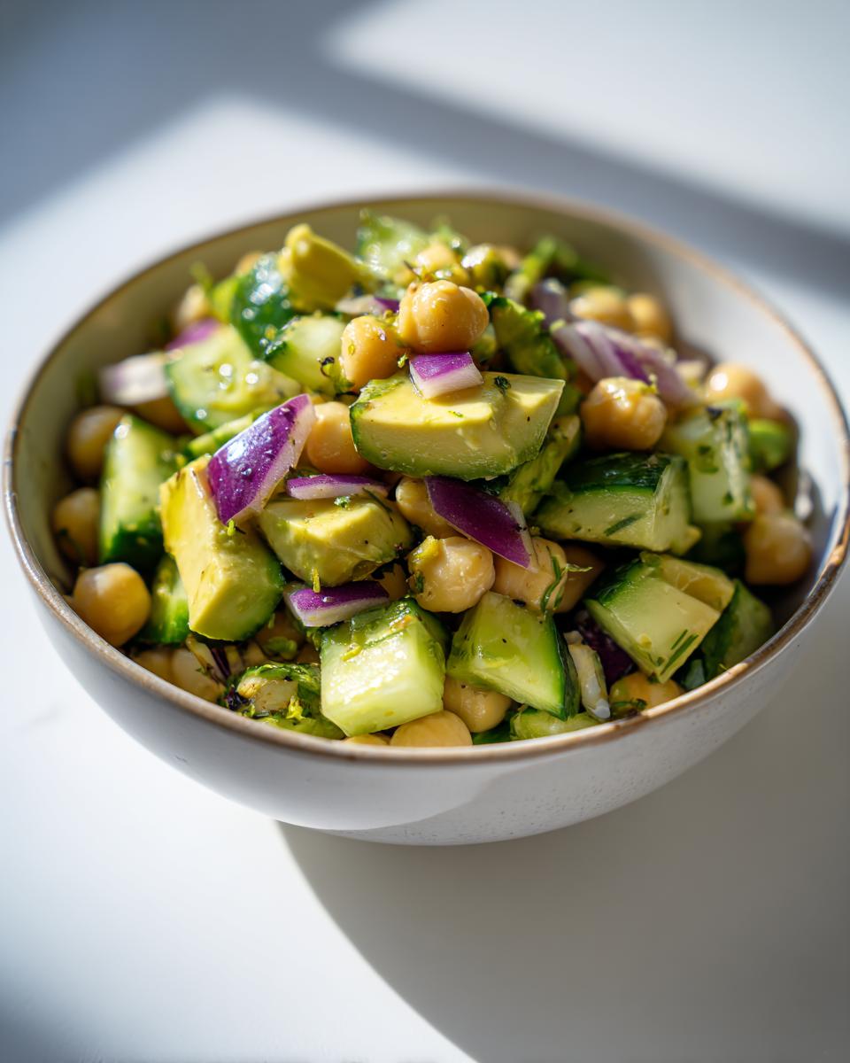 Ensalada con garbanzos, aguacate, pepino y cebolla morada en un bol blanco.