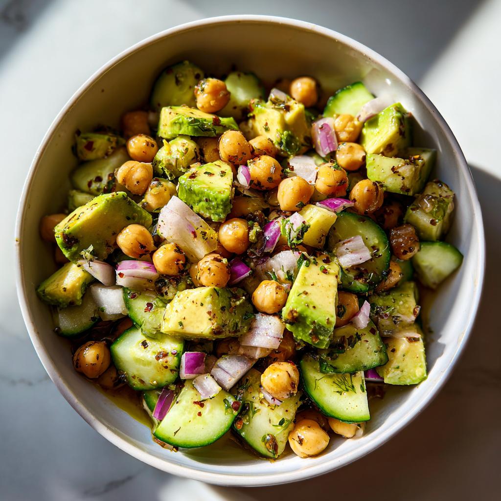 Ensalada con garbanzos, aguacate, pepino y cebolla roja en un tazón blanco para cenas sin carne rápidas