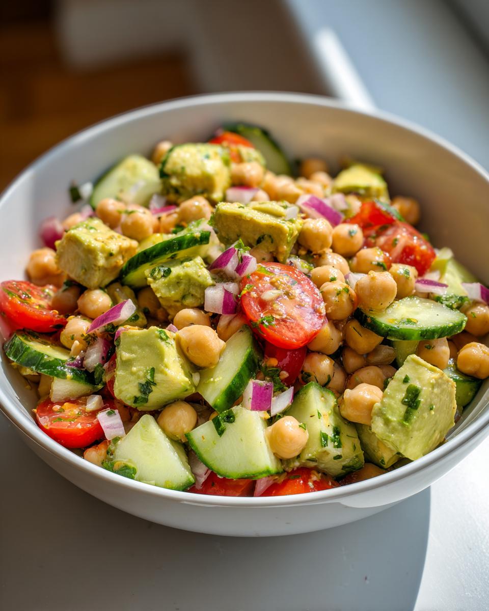 Ensalada fresca con garbanzos, aguacate, tomate cherry, pepino y cebolla roja en un bol blanco
