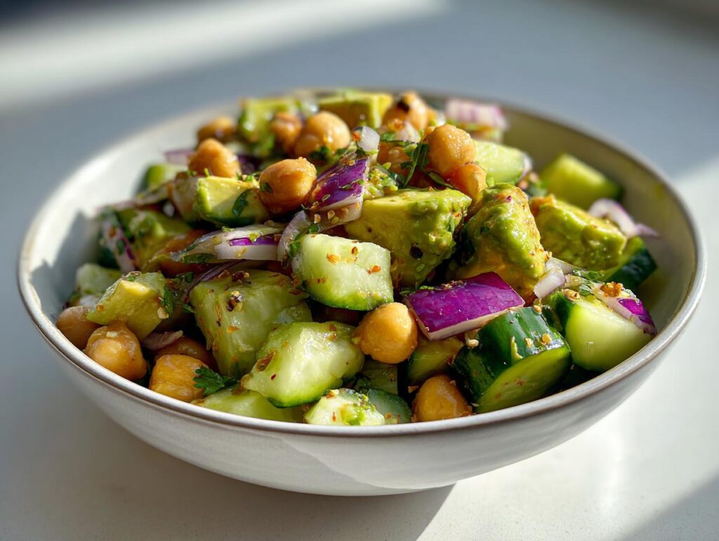 Ensalada fresca con garbanzos, pepino, cebolla morada y aguacate en un tazón blanco.
