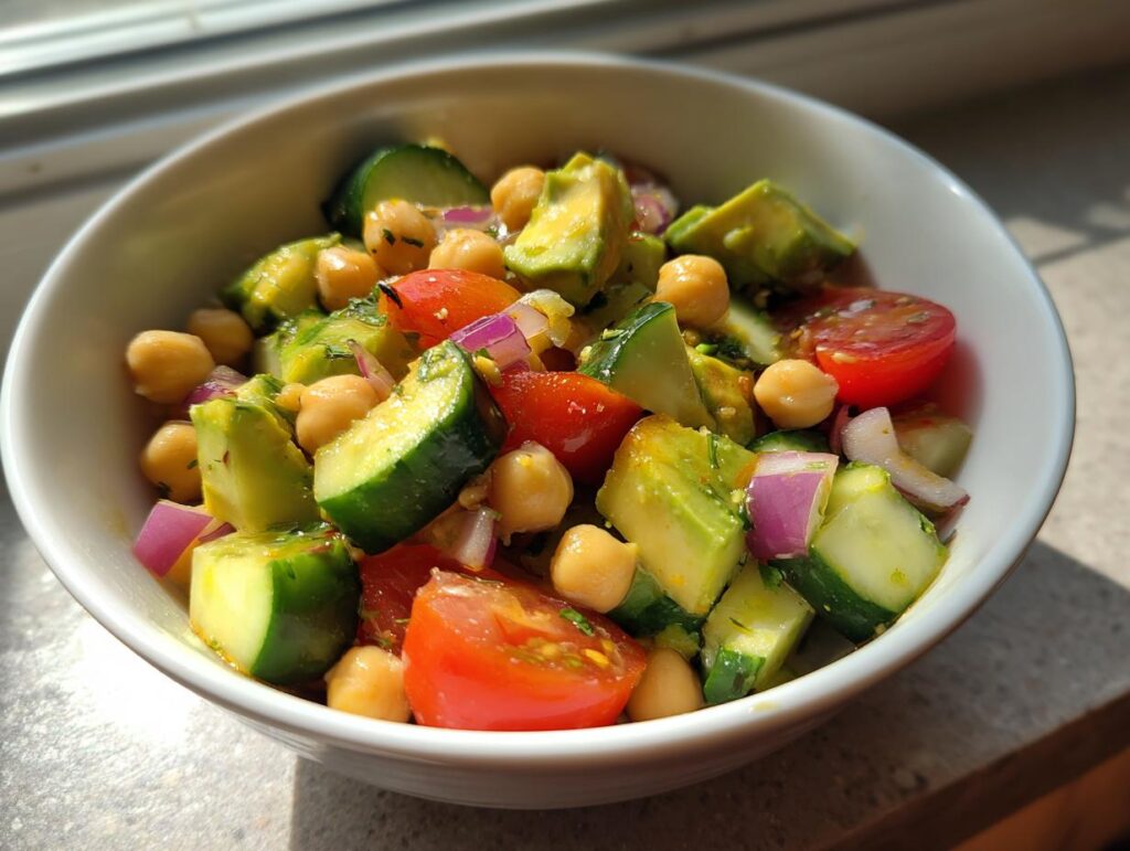 Ensalada colorida con garbanzos, pepino, tomate cherry y aguacate en un tazón blanco recetas saludables económicas