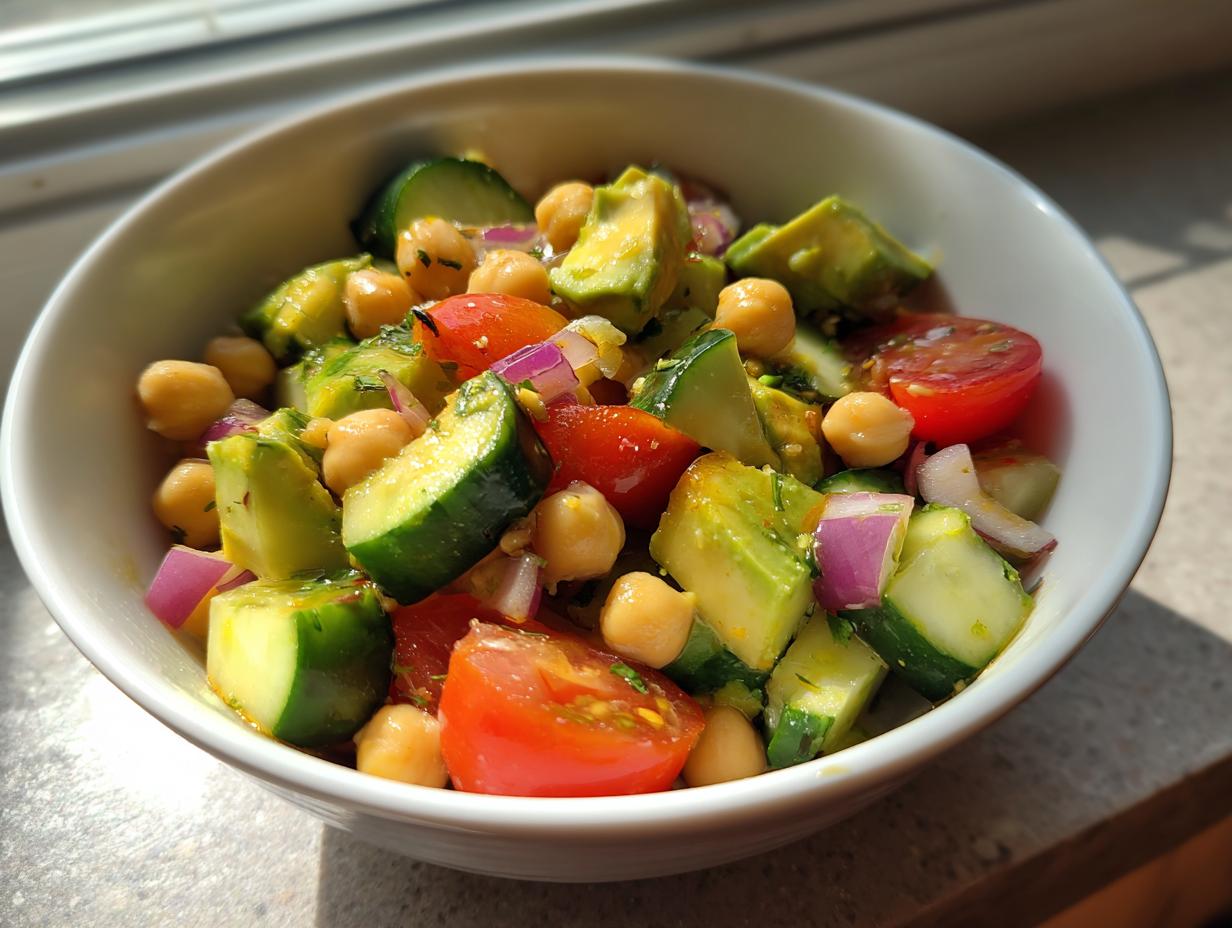 Ensalada colorida con garbanzos, pepino, tomate cherry y aguacate en un tazón blanco recetas saludables económicas