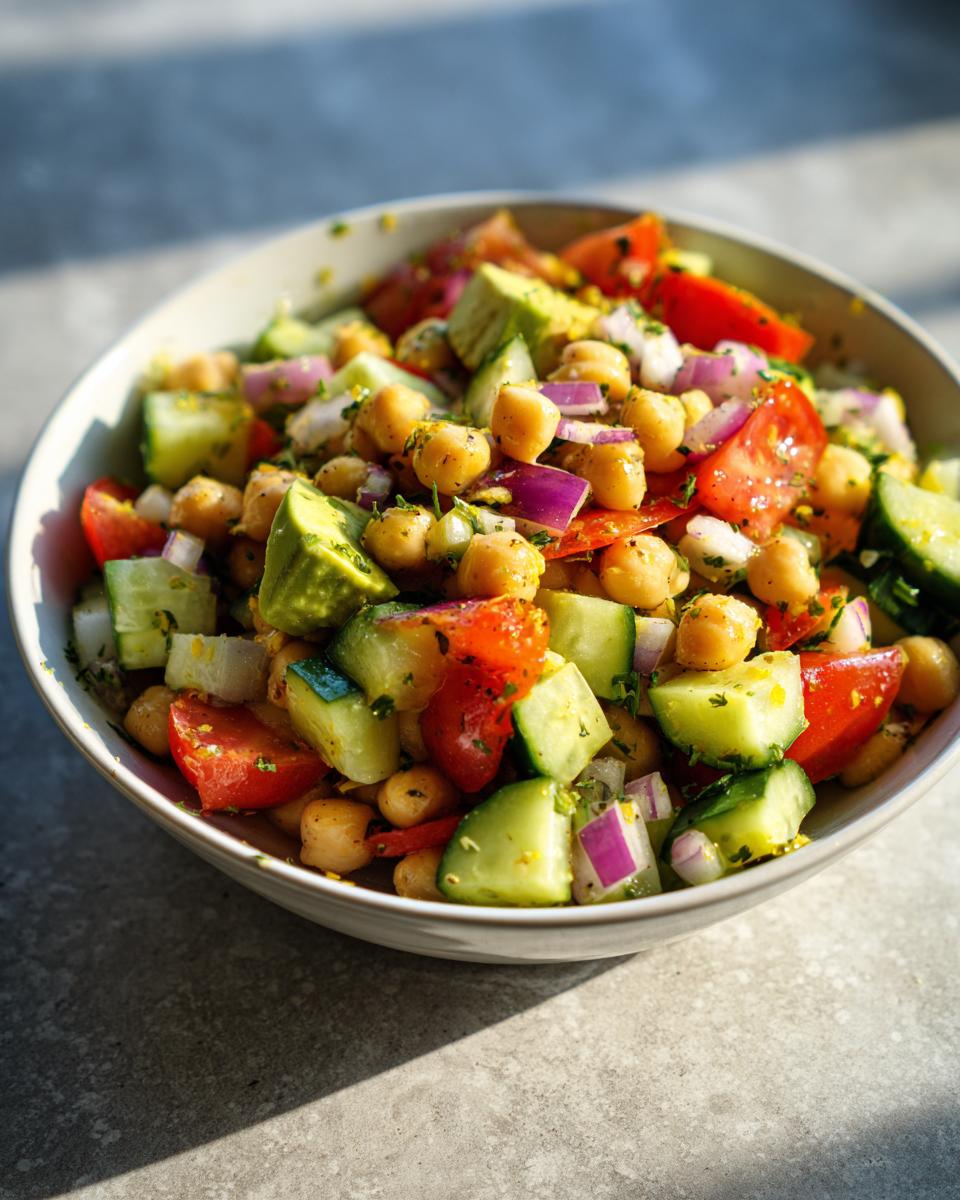 Ensalada vegana con garbanzos, tomate, pepino y cebolla morada en un bol blanco