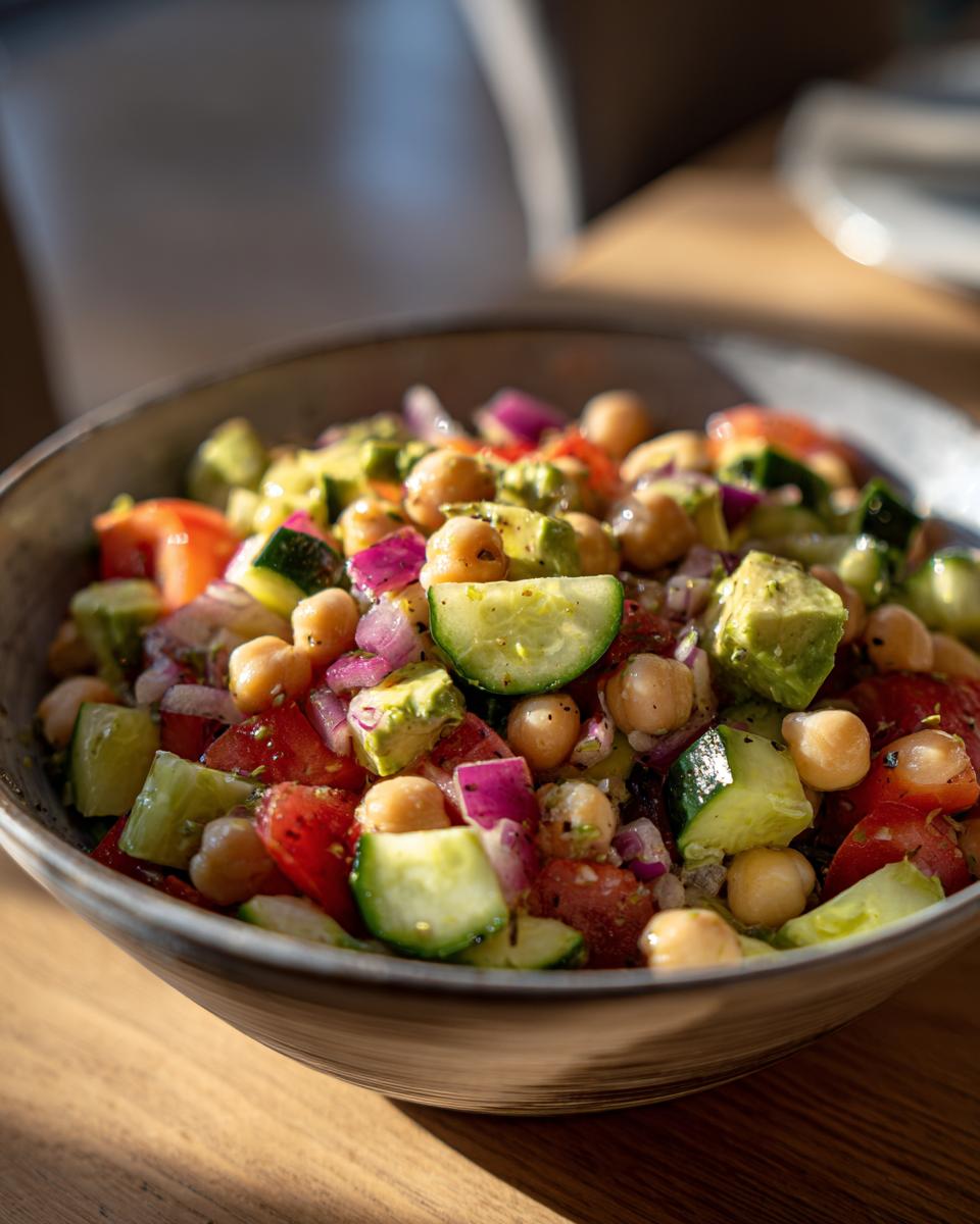 Ensalada colorida de garbanzos, pepino, tomate y aguacate en un bowl de cerámica