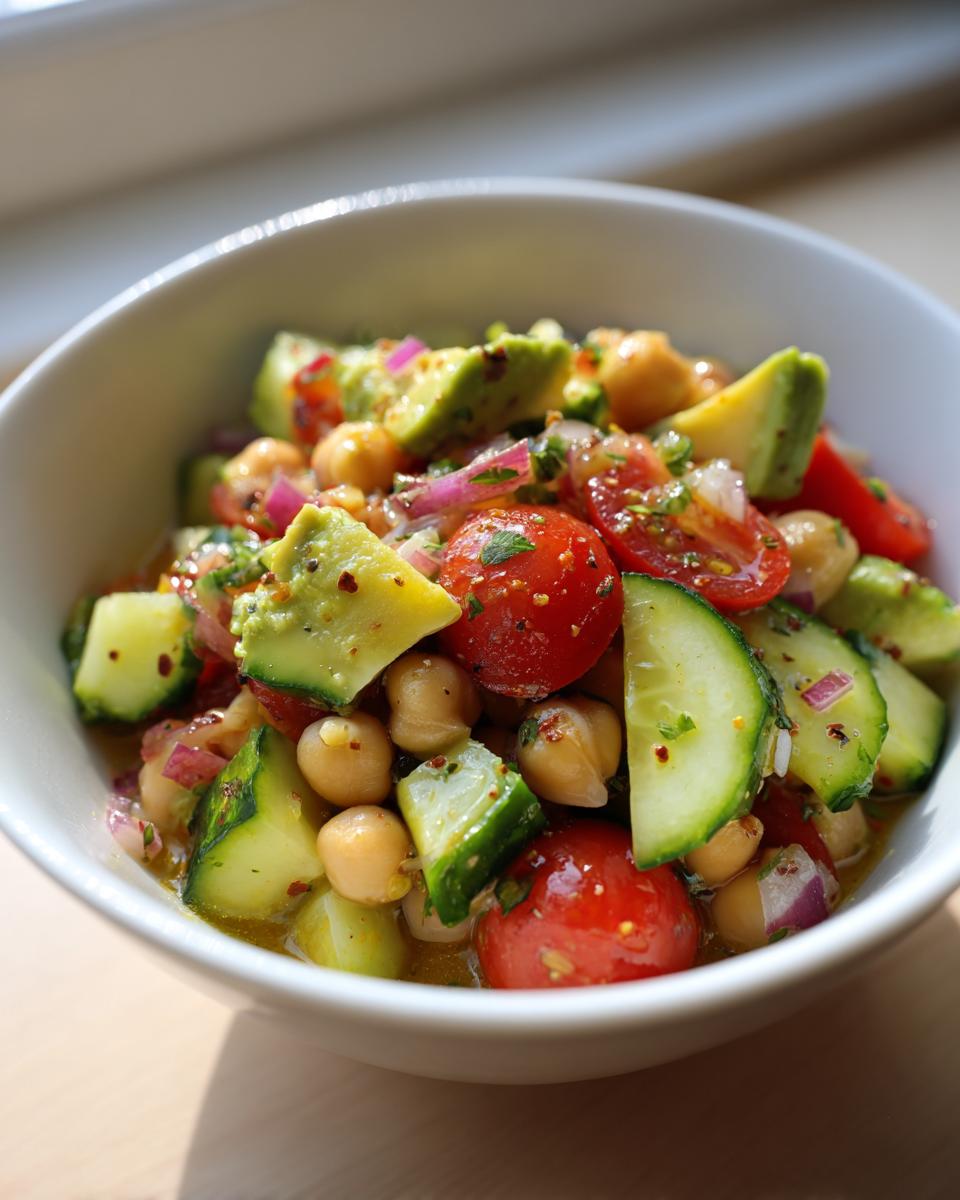 Bowl de ensalada con garbanzos, aguacate, tomates cherry y pepino, receta saludable económica