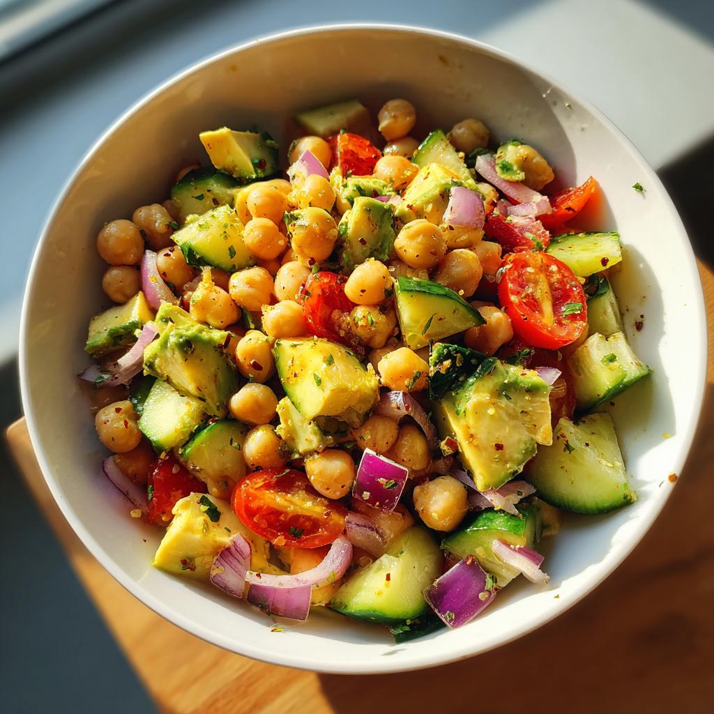 Ensalada vegana con garbanzos, aguacate, tomate cherry, pepino y cebolla roja