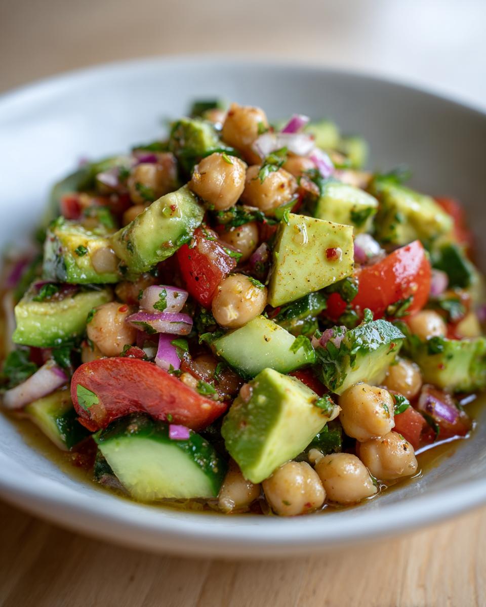 Ensalada de garbanzos con pepino, tomate, cebolla y aguacate en un bol blanco