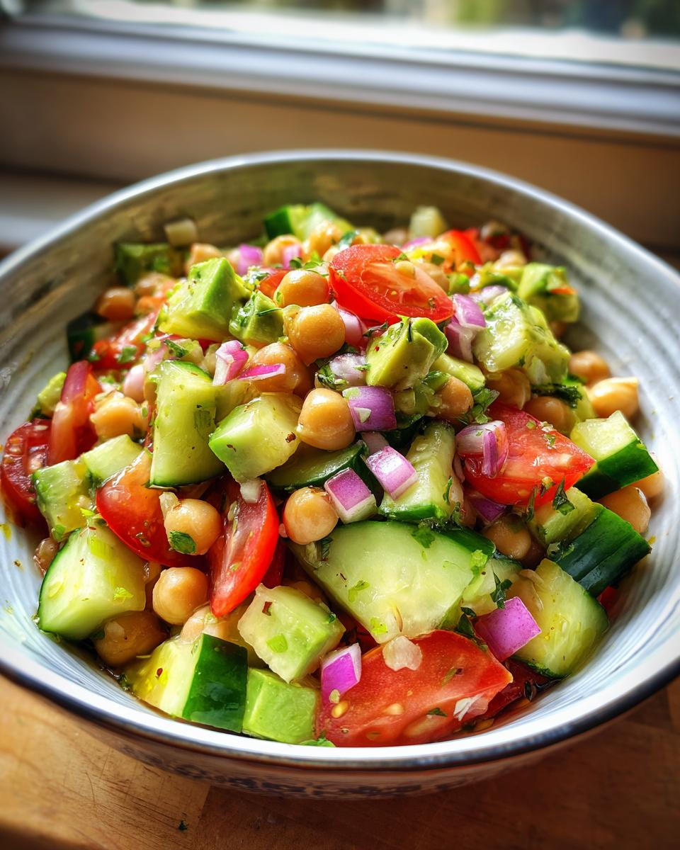 Ensalada colorida con garbanzos, tomate, pepino y cebolla roja en un bol blanco.