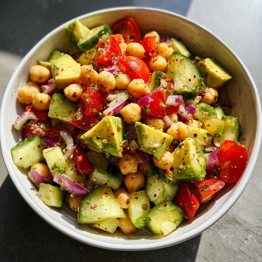 Ensalada de garbanzos con aguacate, tomate, pepino y cebolla morada en un bol blanco.