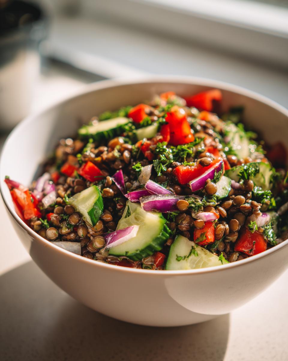 Tazón con ensalada de legumbres saludables, pepino, pimiento rojo y cebolla morada