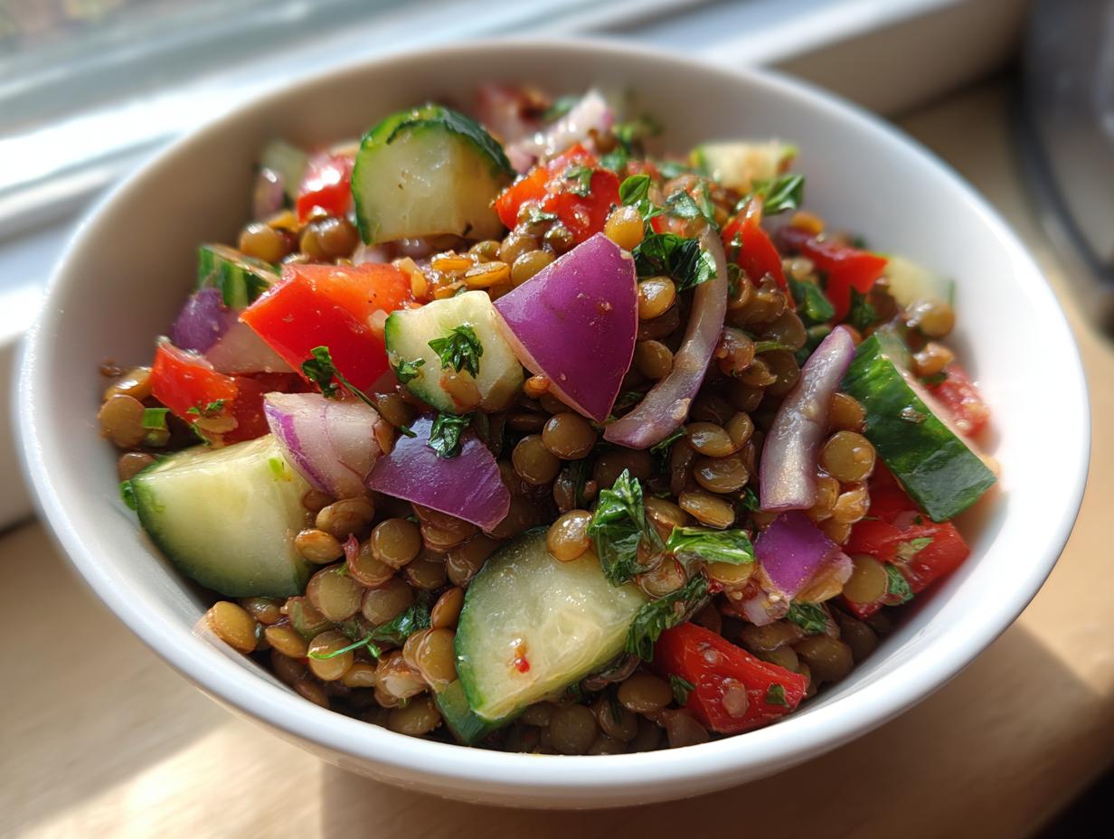 Ensalada de legumbres saludables con lentejas, pepino, pimiento rojo y cebolla morada en un bol blanco
