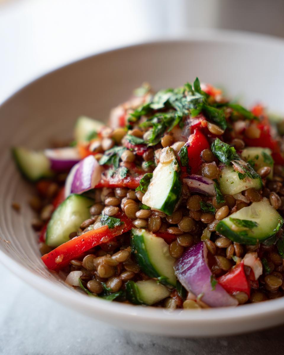 Ensalada con lentejas, pepino, pimiento rojo y cebolla morada fresca en un plato blanco