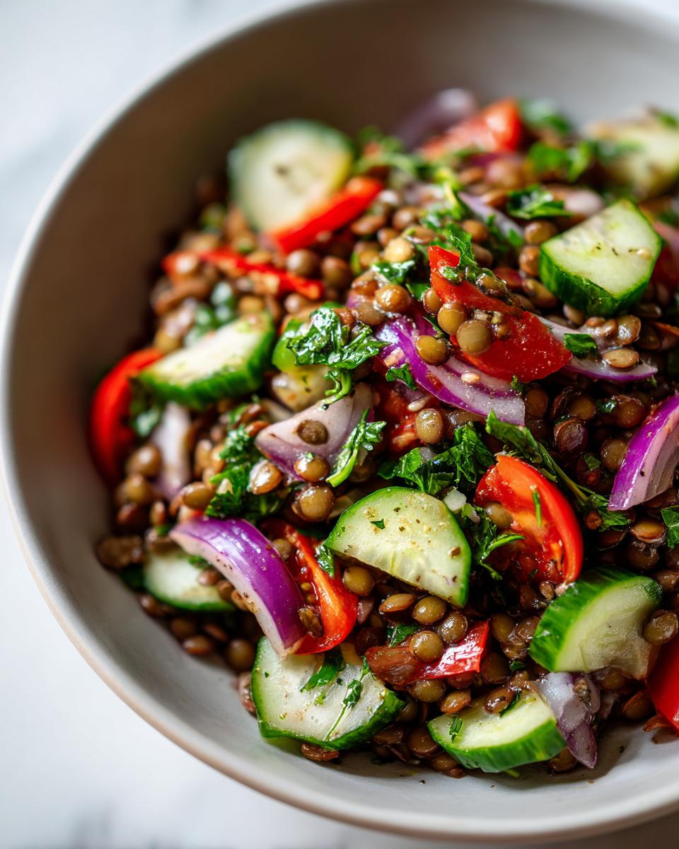 Ensalada de lentejas con pepino, tomate, cebolla roja y perejil en un tazón blanco.